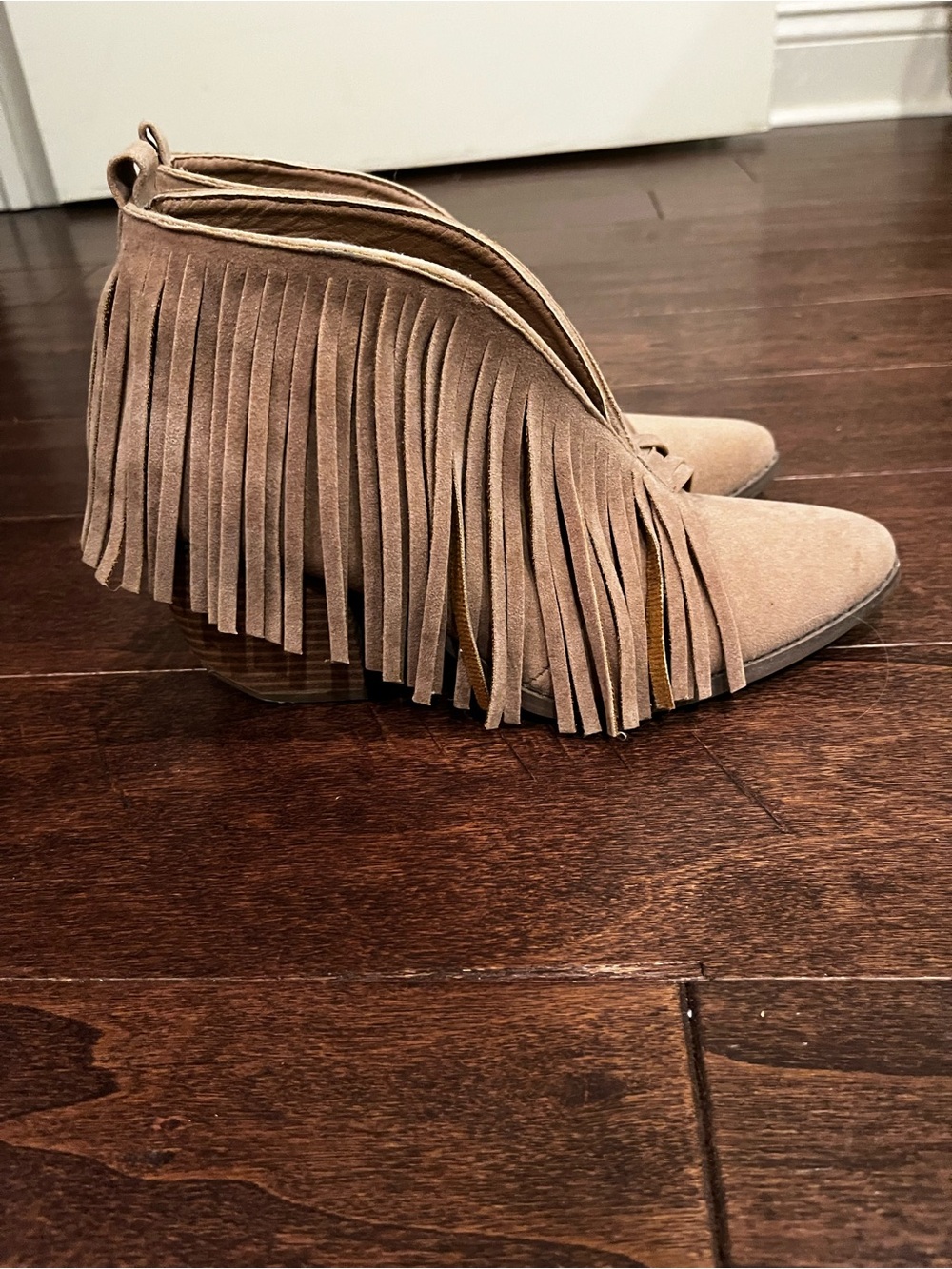 BEAST FASHION Taupe Fringed Suede Ankle Booties